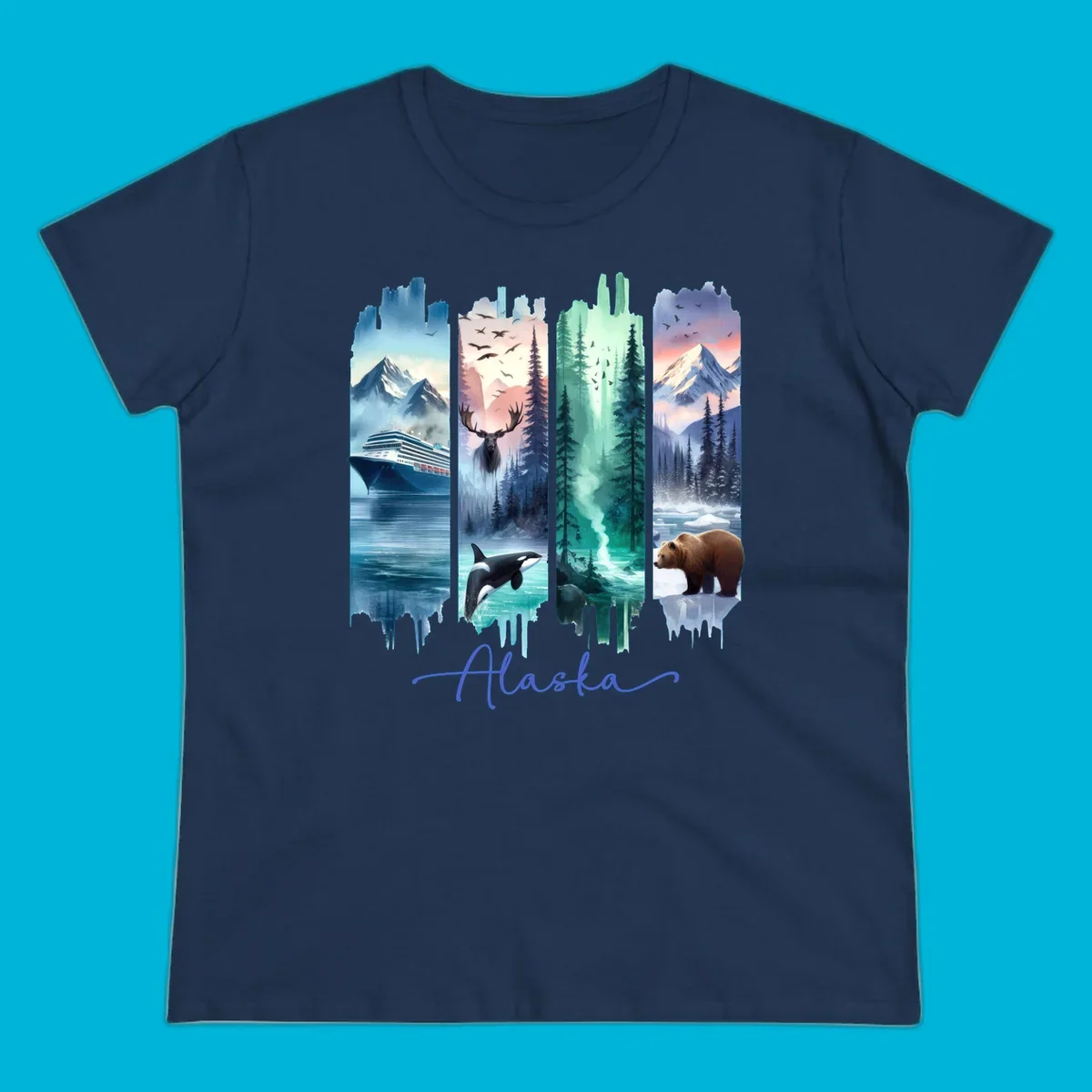 Four panel alaska four panel scenes design featuring a ship, moose, orca, forest, bear, and mountains, with 'Alaska' text.