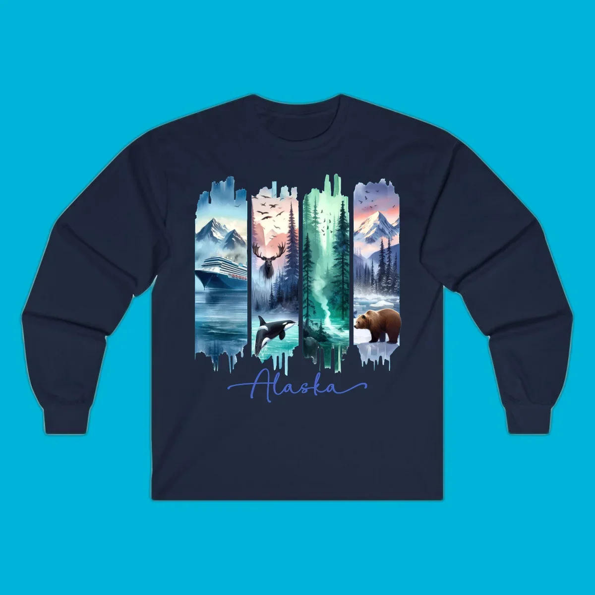 Four panel alaska four panel scenes design featuring a ship, moose, orca, forest, bear, and mountains, with 'Alaska' text.