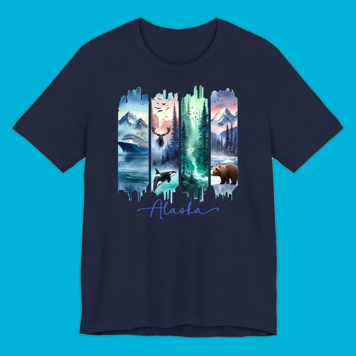 Four panel alaska four panel scenes design featuring a ship, moose, orca, forest, bear, and mountains, with 'Alaska' text.