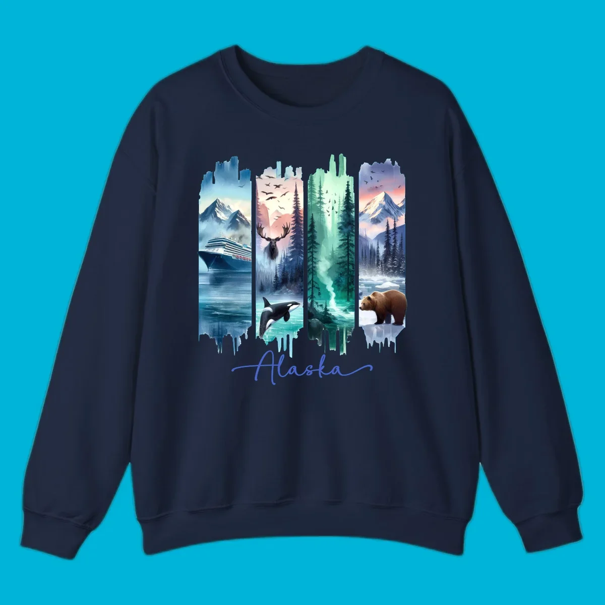 Four panel alaska four panel scenes design featuring a ship, moose, orca, forest, bear, and mountains, with 'Alaska' text.