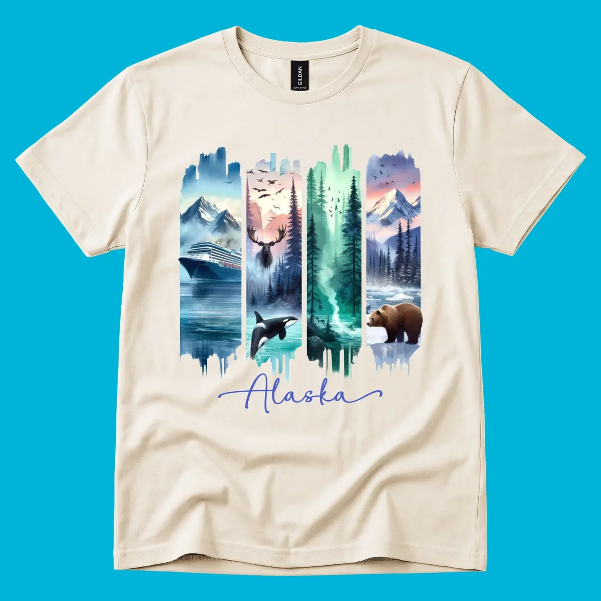 Four panel alaska four panel scenes design featuring a ship, moose, orca, forest, bear, and mountains, with 'Alaska' text.