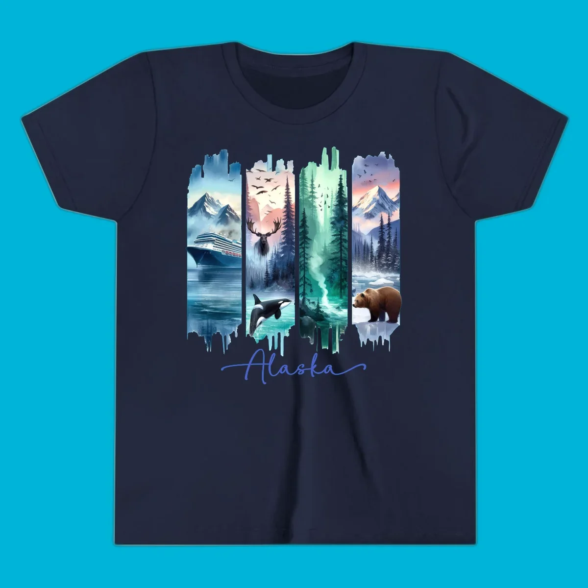 Four panel alaska four panel scenes design featuring a ship, moose, orca, forest, bear, and mountains, with 'Alaska' text.