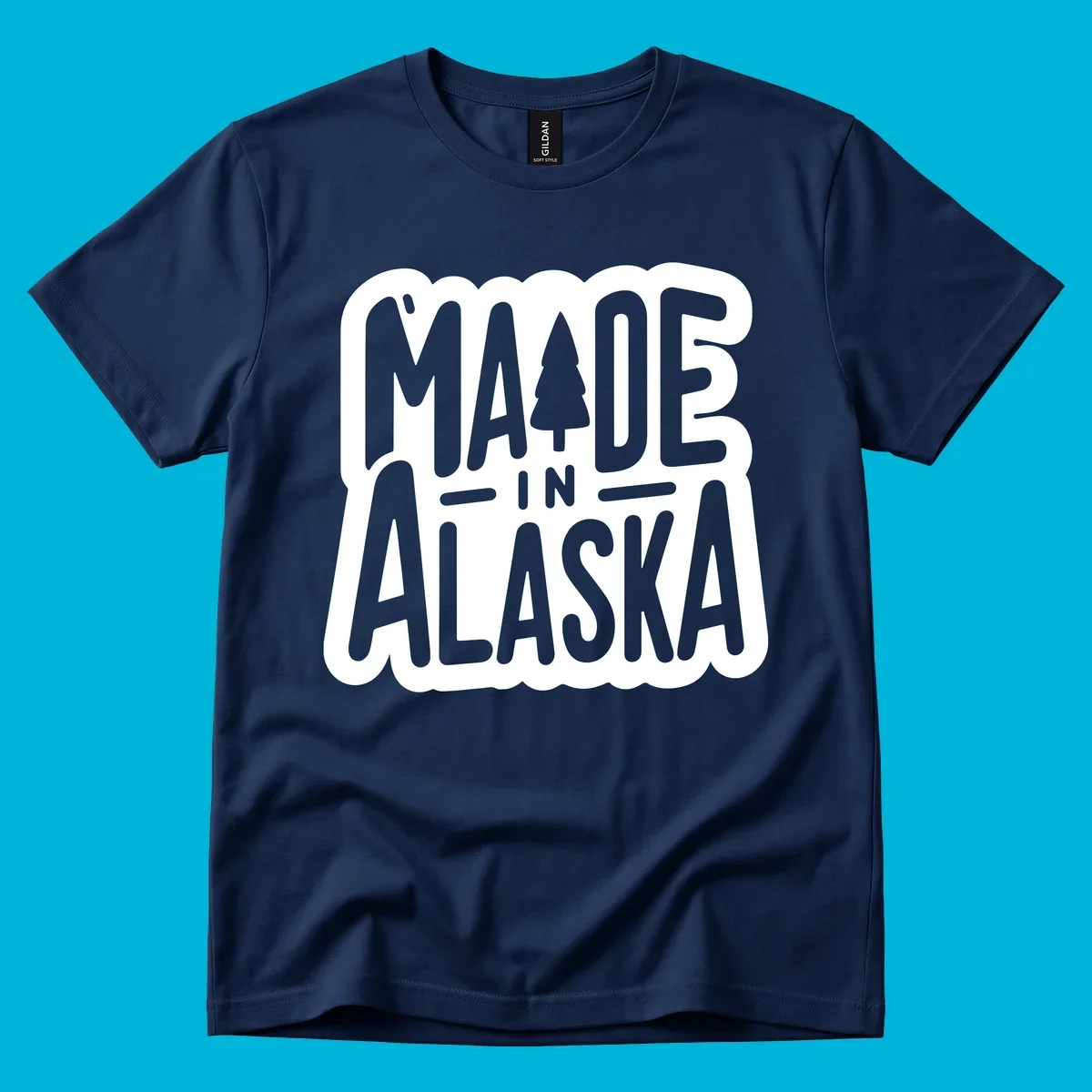 Stylized 'MADE IN ALASKA' text with a pine tree silhouette. A made-in-alaska-tree design.