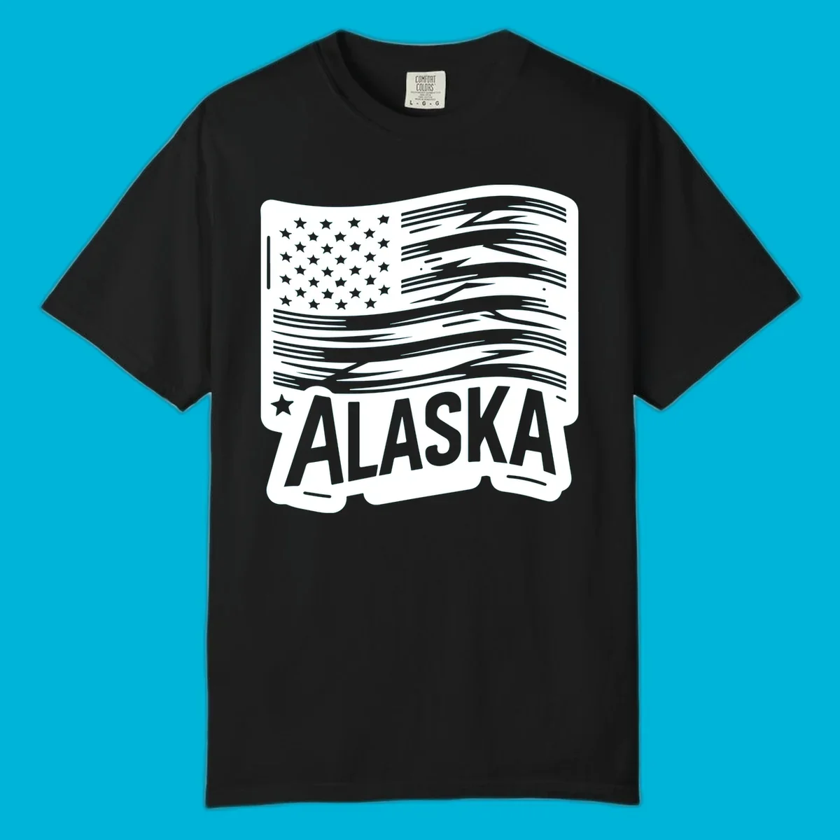 A stylized, distressed alaska distressed flag badge design with stars on the left and wavy stripes, and 'ALASKA' text below.