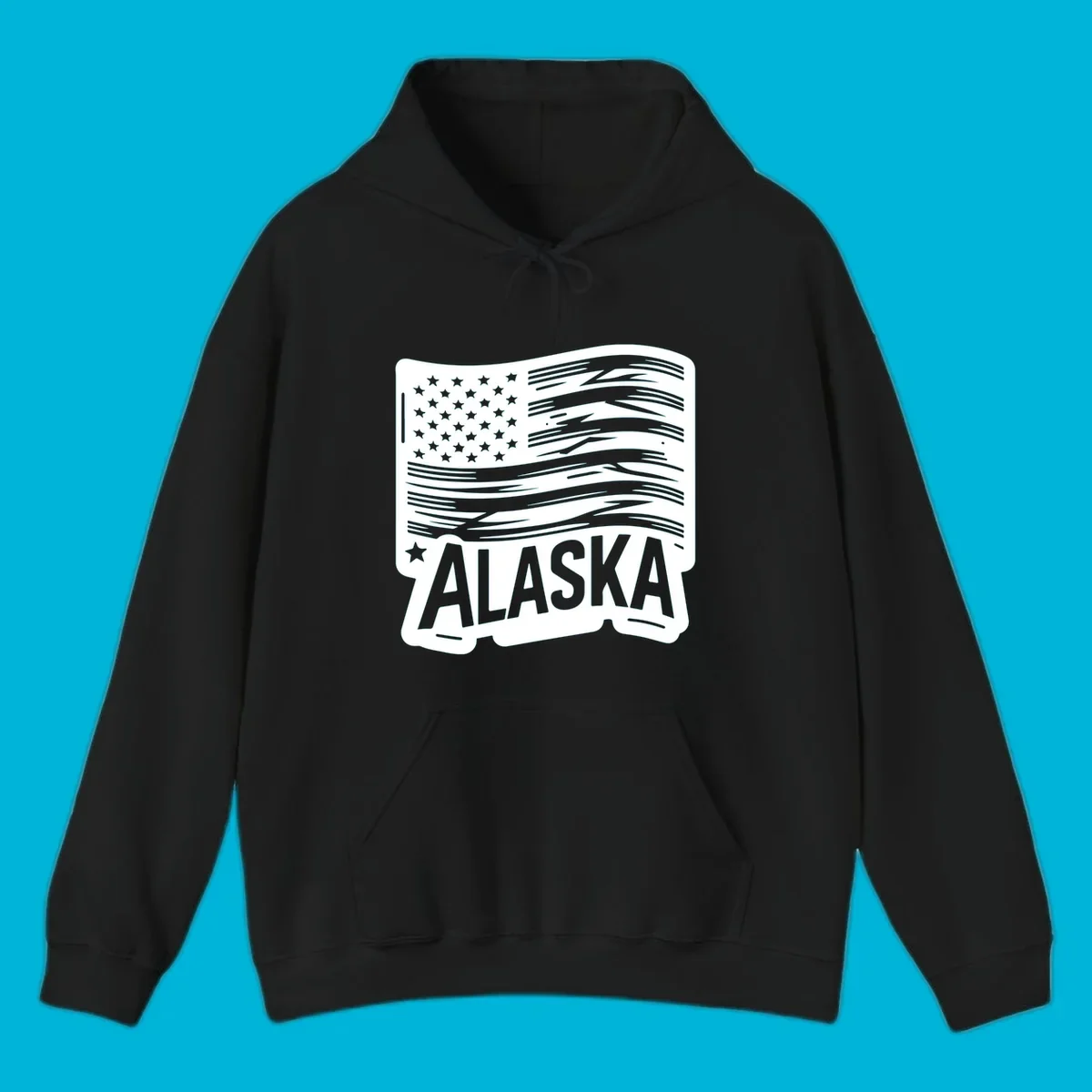 A stylized, distressed alaska distressed flag badge design with stars on the left and wavy stripes, and 'ALASKA' text below.
