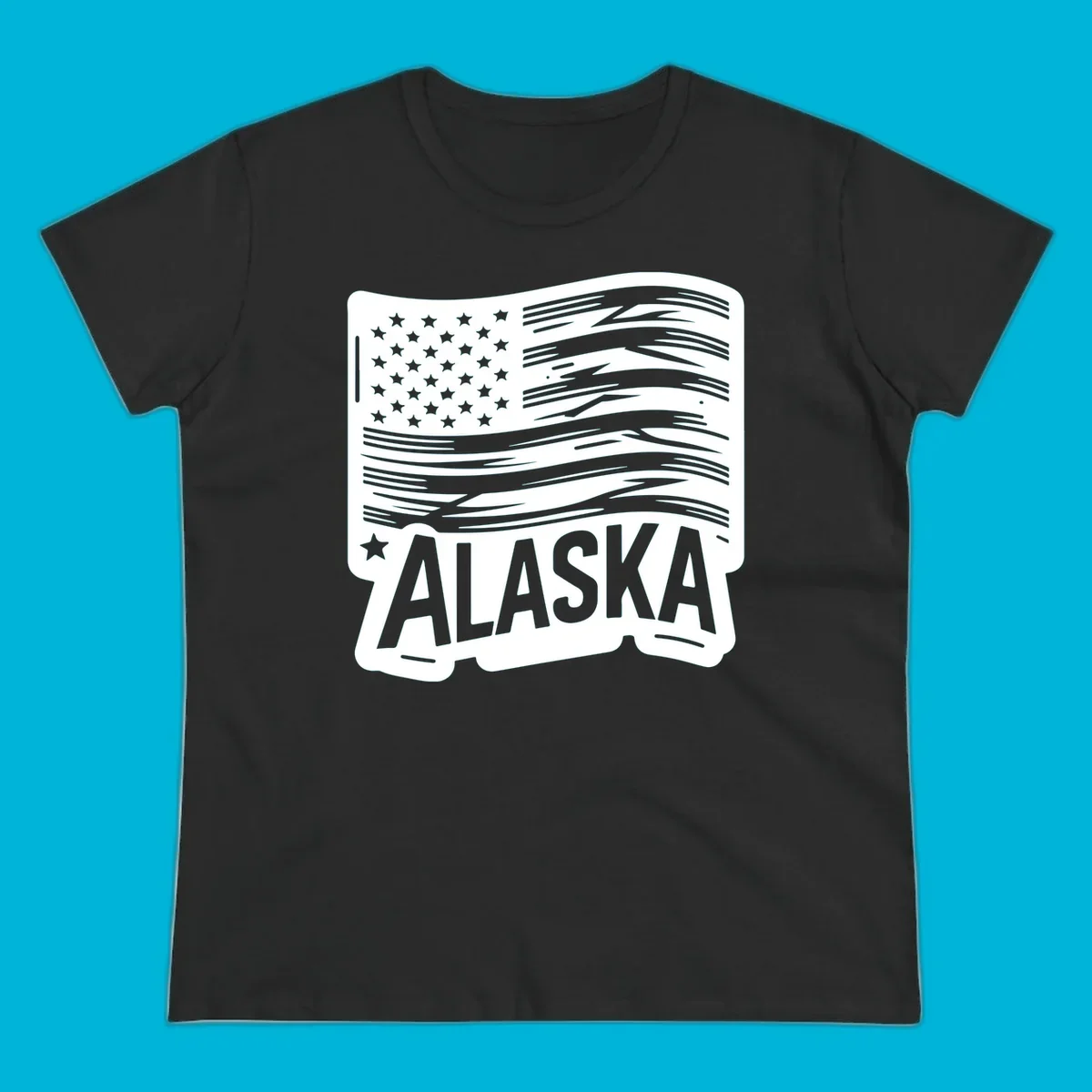 A stylized, distressed alaska distressed flag badge design with stars on the left and wavy stripes, and 'ALASKA' text below.
