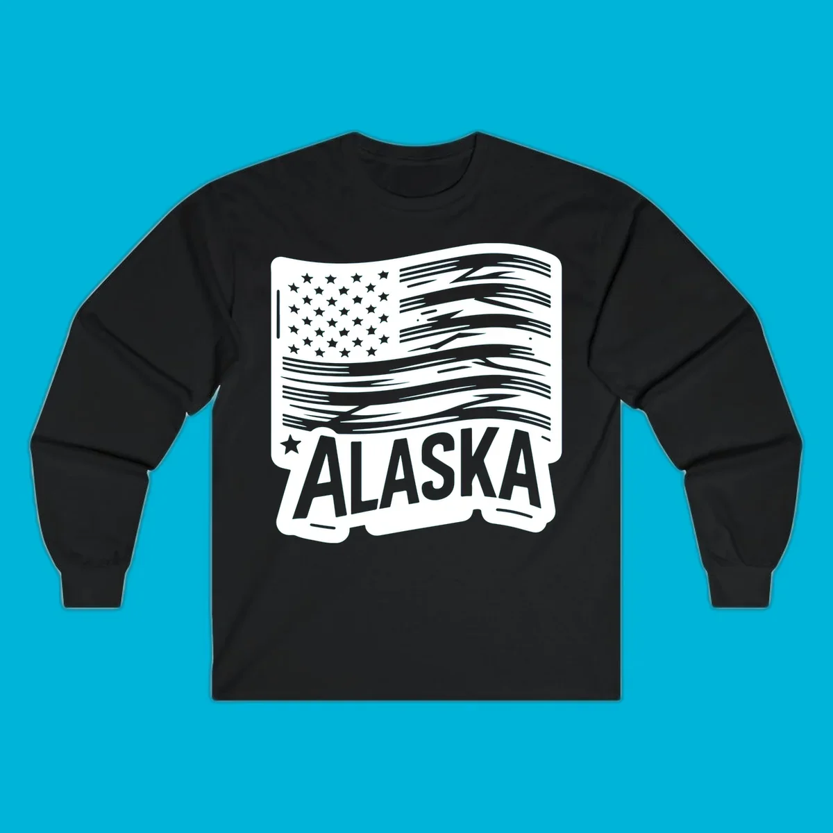 A stylized, distressed alaska distressed flag badge design with stars on the left and wavy stripes, and 'ALASKA' text below.