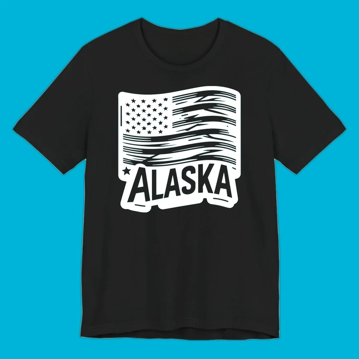 A stylized, distressed alaska distressed flag badge design with stars on the left and wavy stripes, and 'ALASKA' text below.
