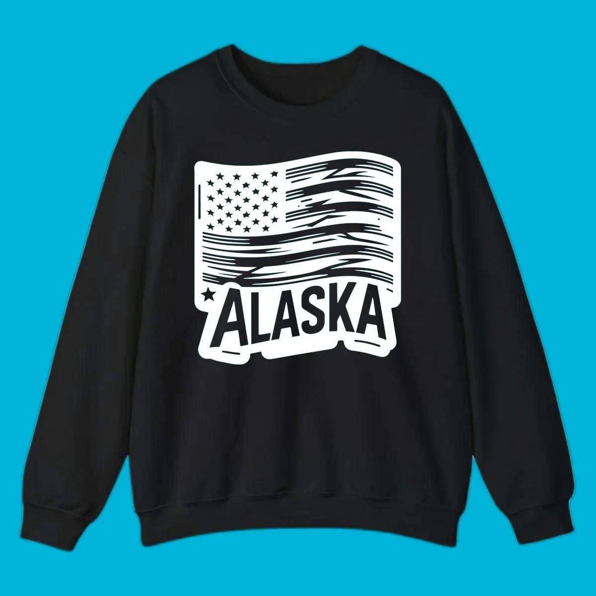A stylized, distressed alaska distressed flag badge design with stars on the left and wavy stripes, and 'ALASKA' text below.