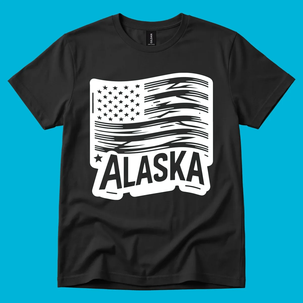 A stylized, distressed alaska distressed flag badge design with stars on the left and wavy stripes, and 'ALASKA' text below.