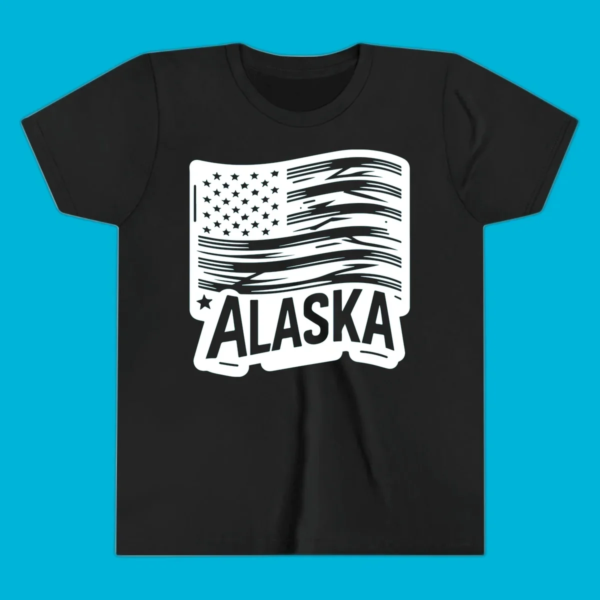 A stylized, distressed alaska distressed flag badge design with stars on the left and wavy stripes, and 'ALASKA' text below.