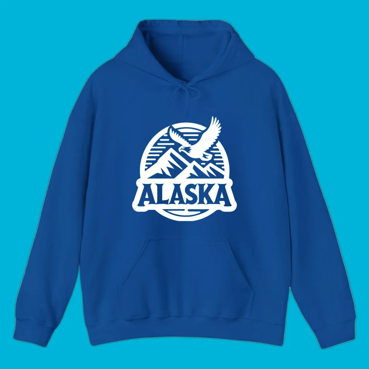 Vintage Alaska badge design with a flying eagle over mountains and 'ALASKA' text in a banner.