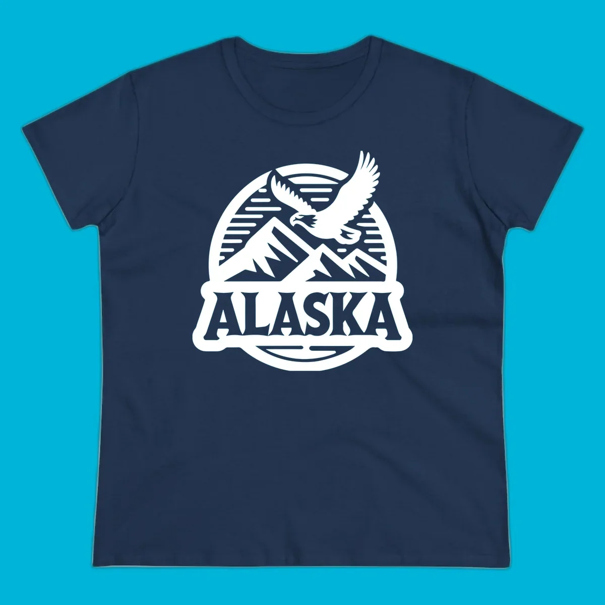 Vintage Alaska badge design with a flying eagle over mountains and 'ALASKA' text in a banner.