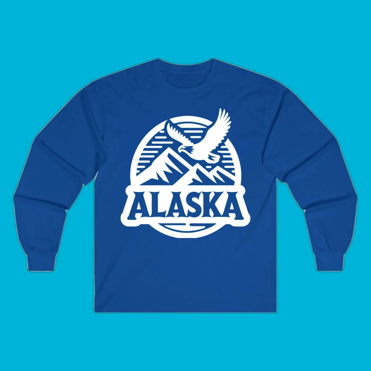 Vintage Alaska badge design with a flying eagle over mountains and 'ALASKA' text in a banner.