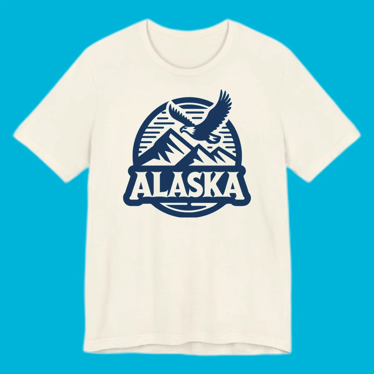 Vintage Alaska badge design with a flying eagle over mountains and 'ALASKA' text in a banner.