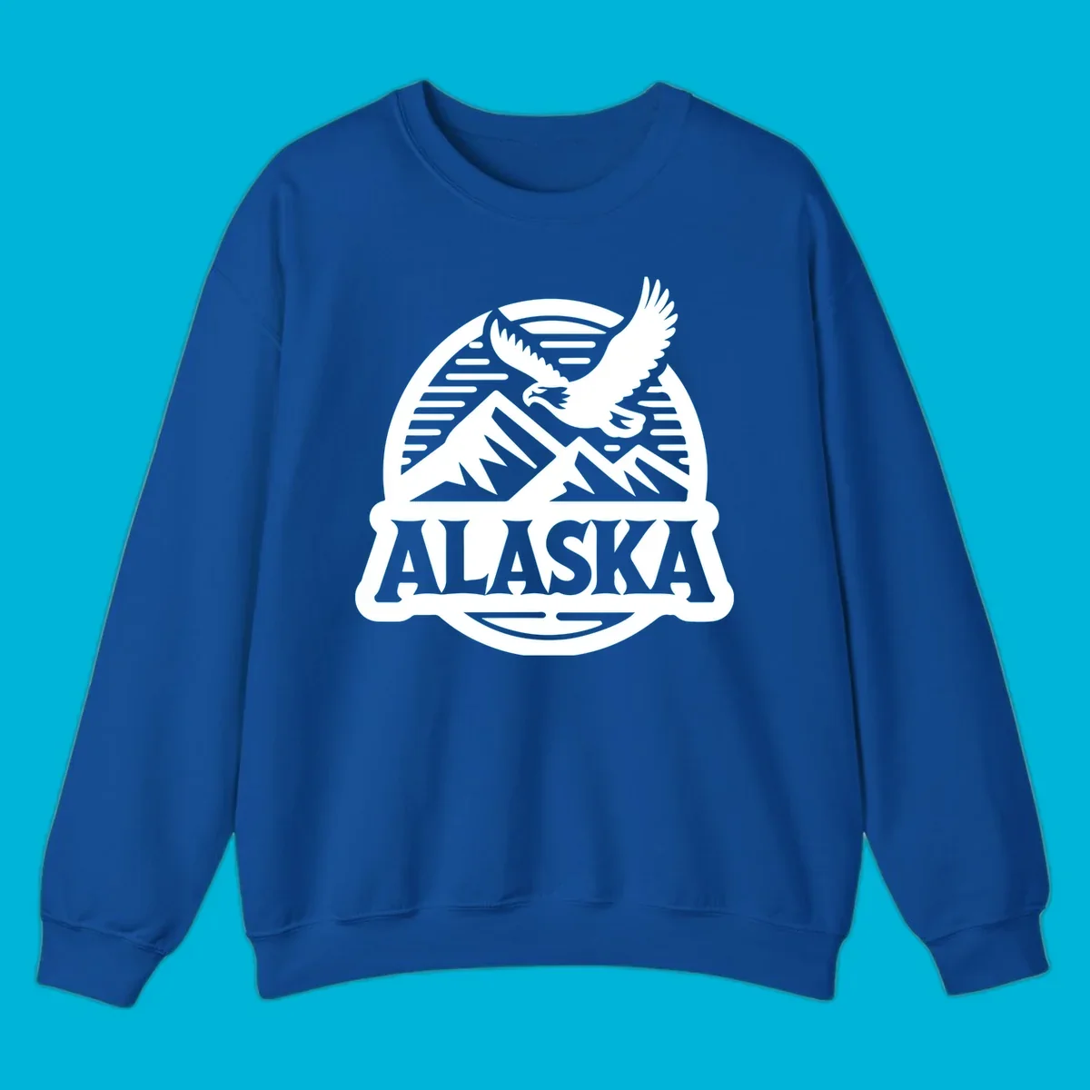 Vintage Alaska badge design with a flying eagle over mountains and 'ALASKA' text in a banner.