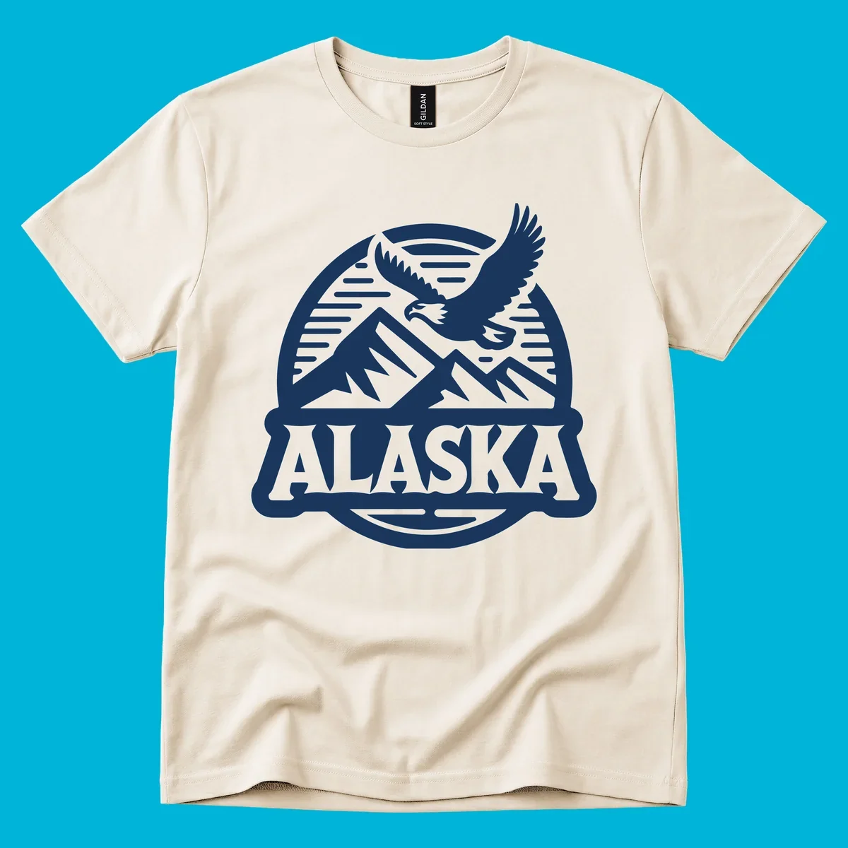 Vintage Alaska badge design with a flying eagle over mountains and 'ALASKA' text in a banner.