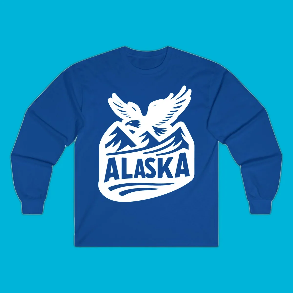 A white and dark blue badge design showing a flying eagle over mountain peaks with "ALASKA" text, for a cruise souvenir.