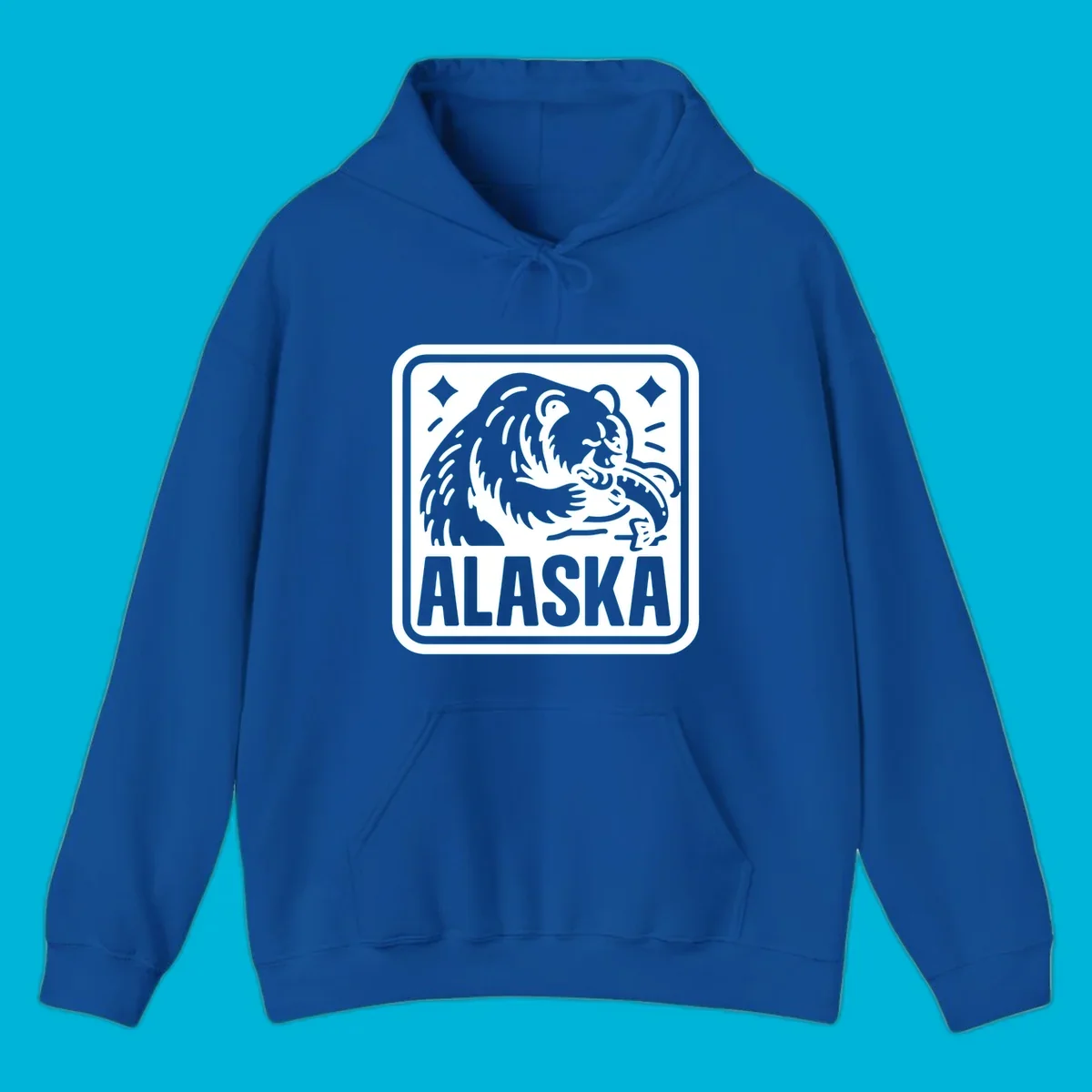 A white alaskan grizzly salmon fishing illustration within a rectangular badge, with 'ALASKA' text.