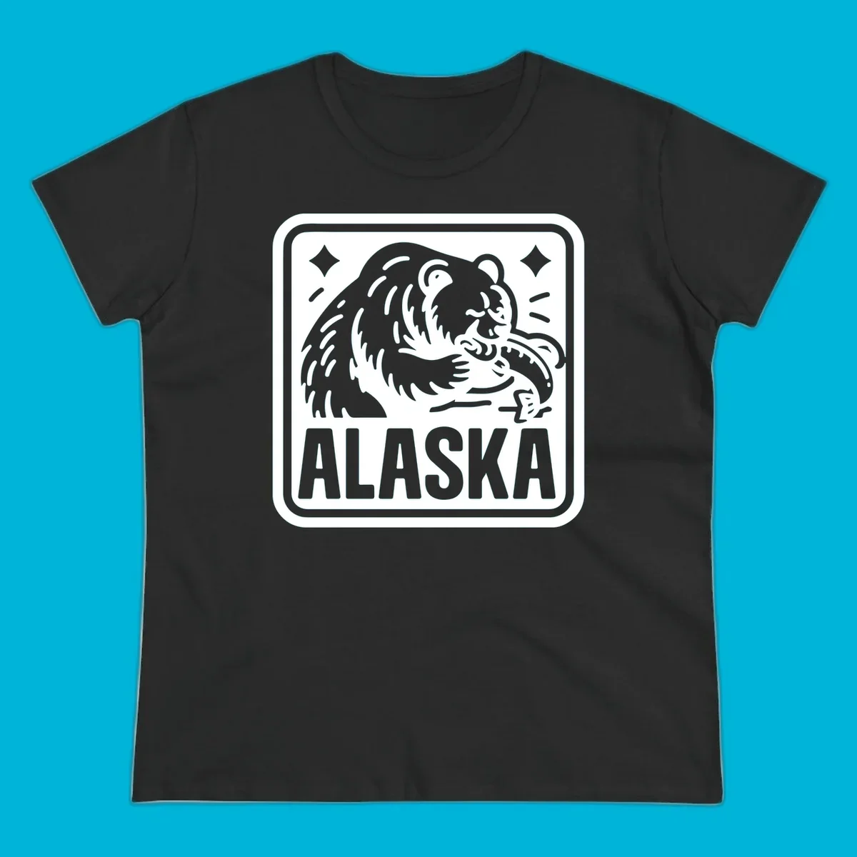 A white alaskan grizzly salmon fishing illustration within a rectangular badge, with 'ALASKA' text.