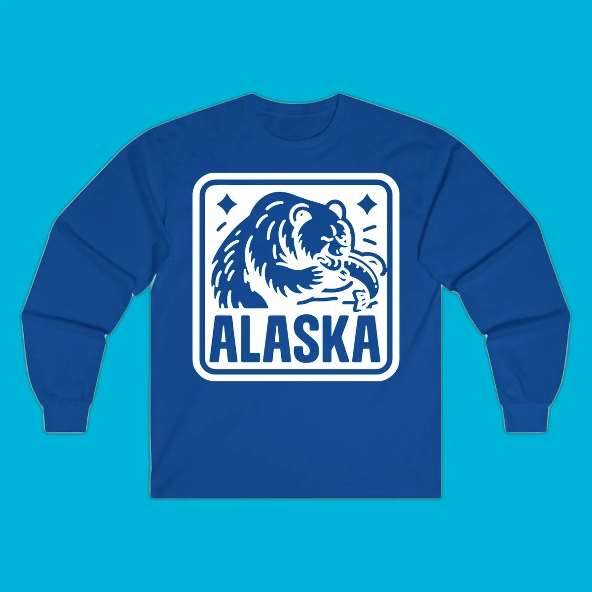 A white alaskan grizzly salmon fishing illustration within a rectangular badge, with 'ALASKA' text.