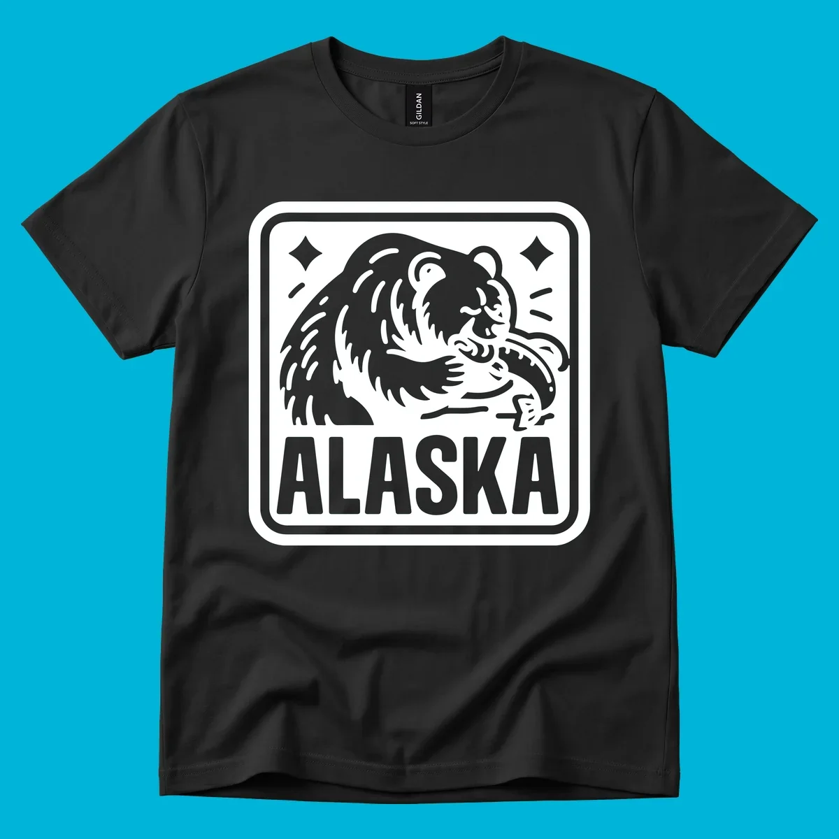 A white alaskan grizzly salmon fishing illustration within a rectangular badge, with 'ALASKA' text.