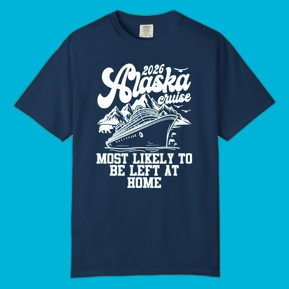 A white illustration on a dark background showing a cruise ship, mountains, a bear, and dolphins, with the text '2026 Alaska cruise MOST LIKELY TO BE LEFT AT HOME'. This is the alaska-cruise-left-at-home concept.