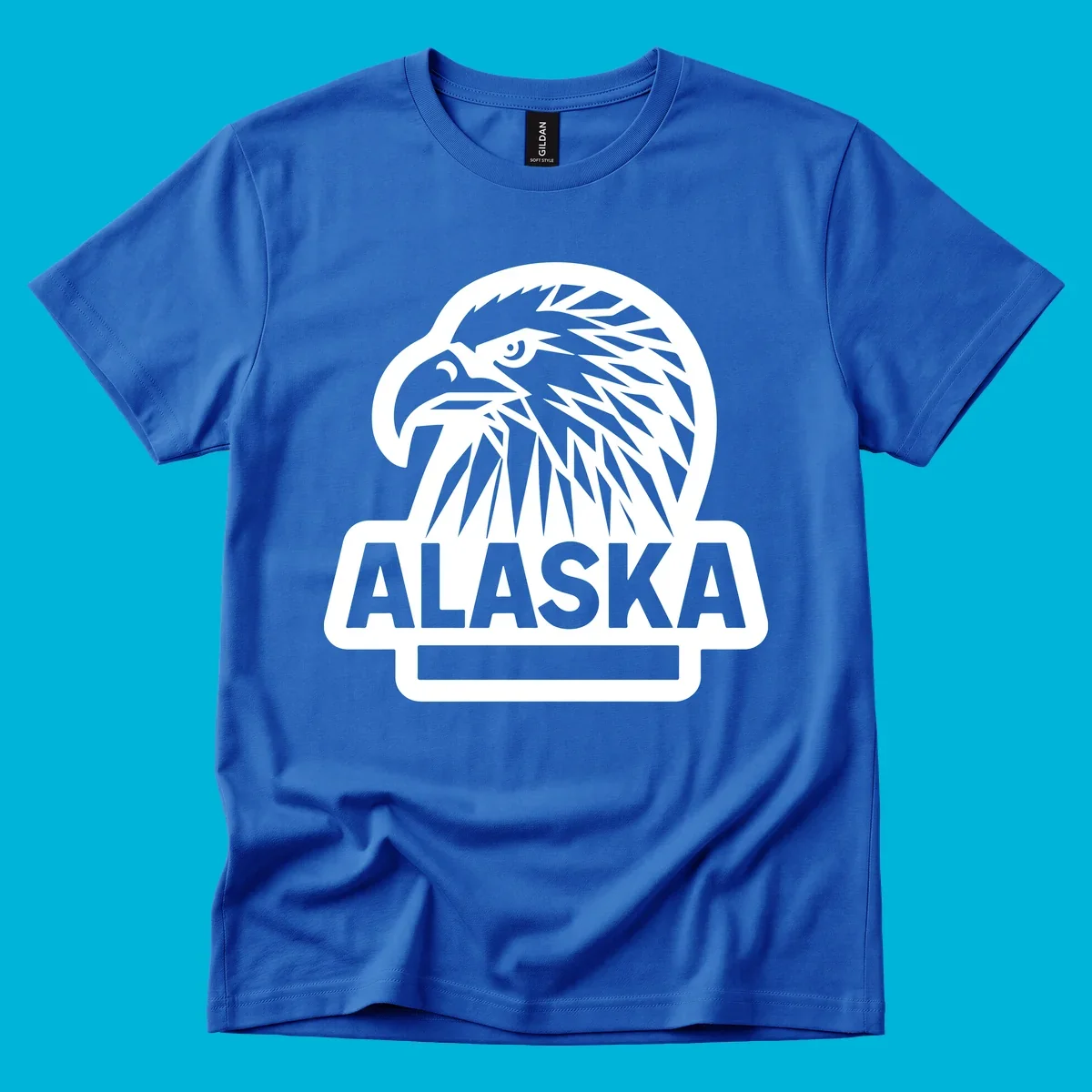 Stylized alaska geometric eagle head facing right with 'ALASKA' text below, all within a clean badge shape.