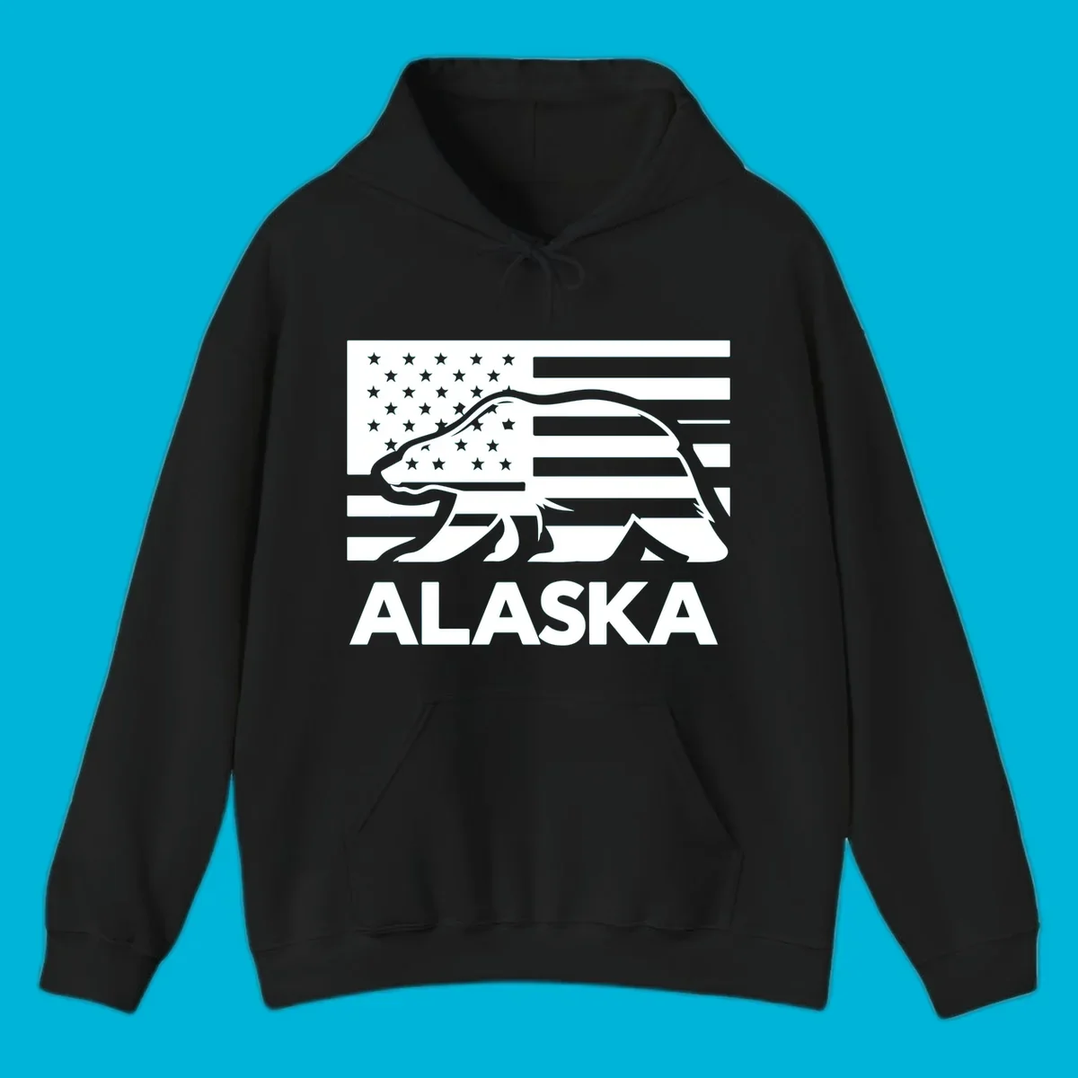 A walking bear silhouette filled with an American flag, with "ALASKA" text below. Features an alaska-bear-flag-silhouette.