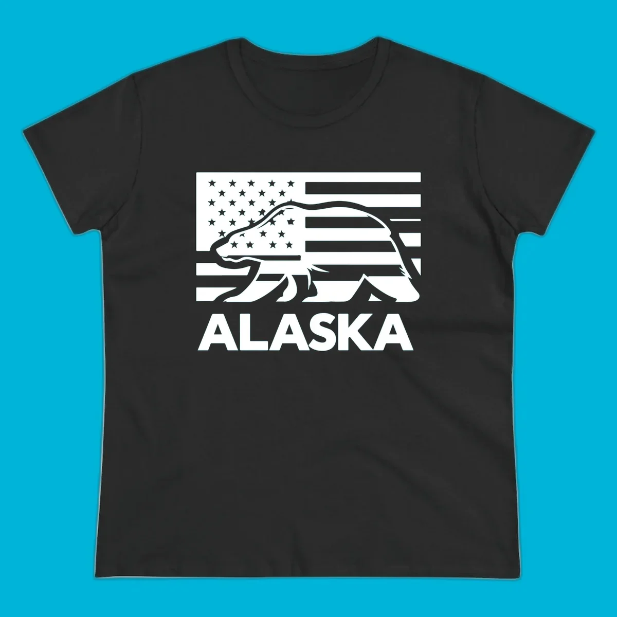 A walking bear silhouette filled with an American flag, with "ALASKA" text below. Features an alaska-bear-flag-silhouette.
