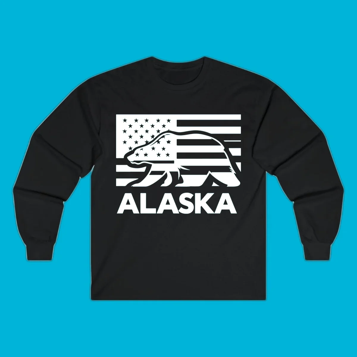 A walking bear silhouette filled with an American flag, with "ALASKA" text below. Features an alaska-bear-flag-silhouette.