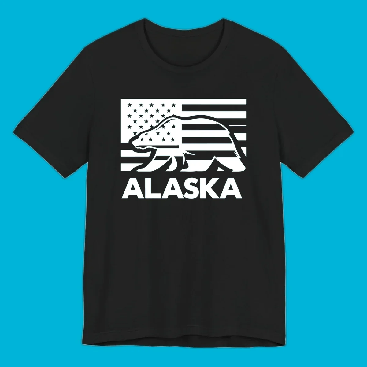 A walking bear silhouette filled with an American flag, with "ALASKA" text below. Features an alaska-bear-flag-silhouette.