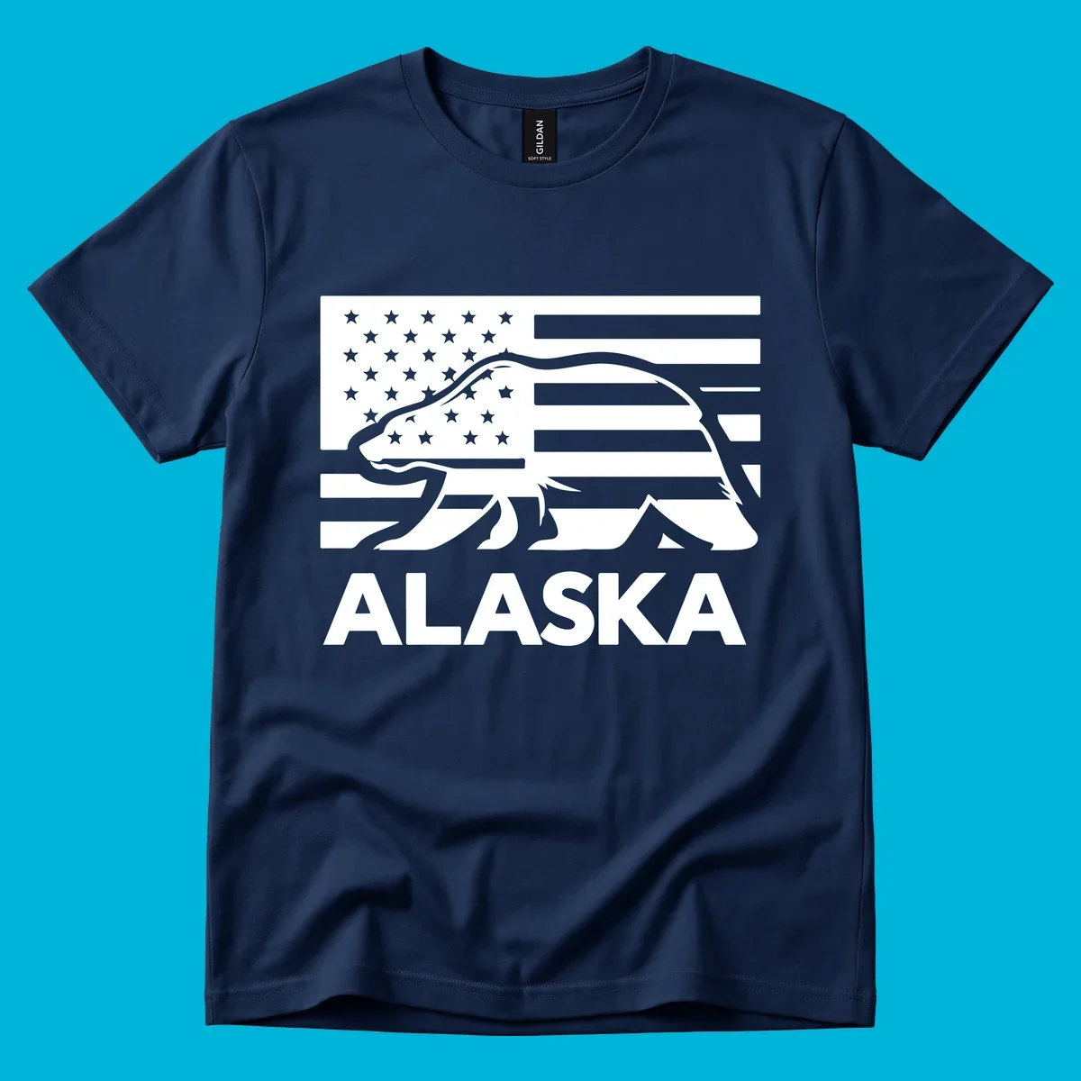 A walking bear silhouette filled with an American flag, with "ALASKA" text below. Features an alaska-bear-flag-silhouette.