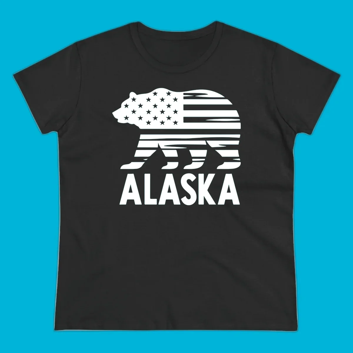A white bear silhouette filled with the American flag and the text ALASKA. Represents an alaska-flag-bear.