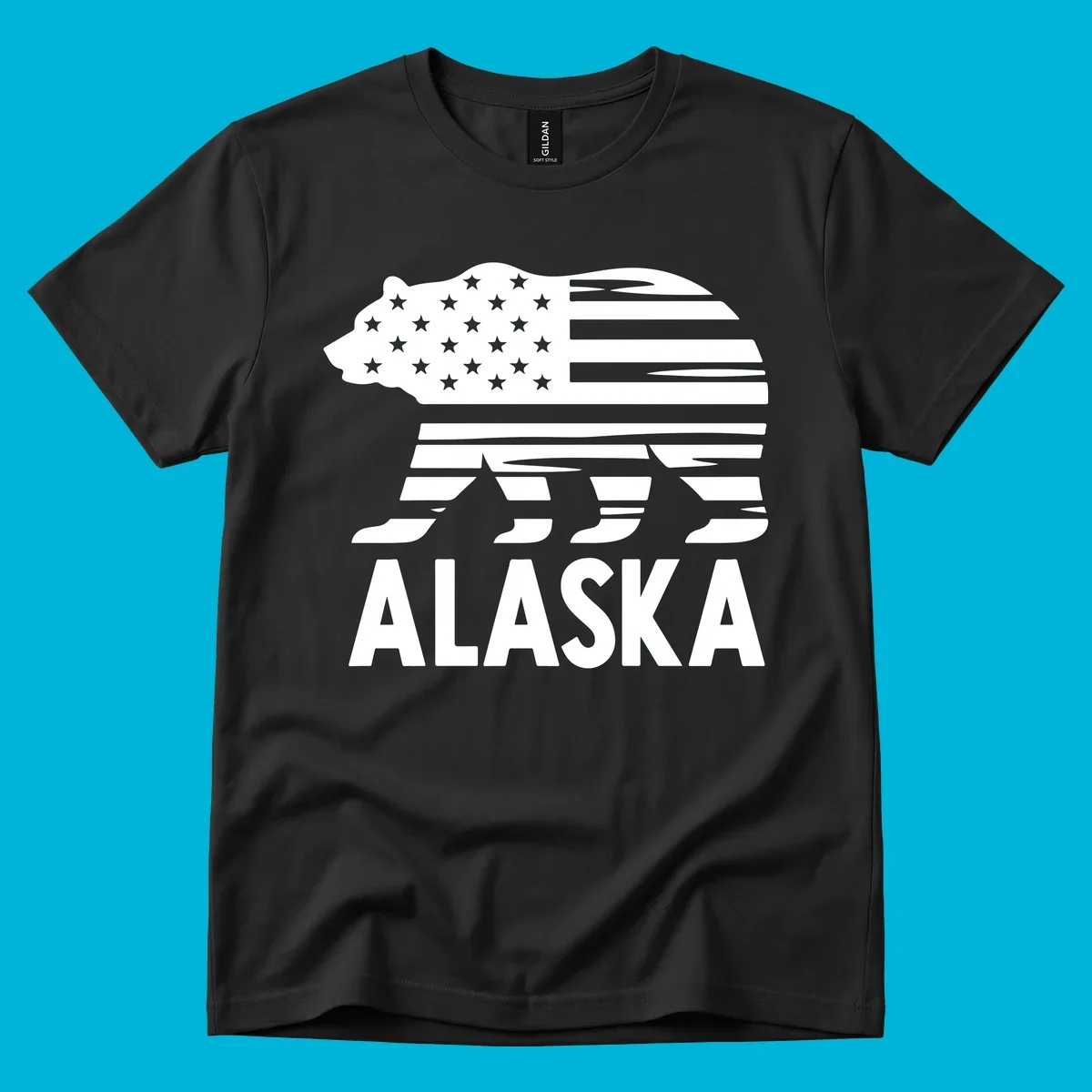 A white bear silhouette filled with the American flag and the text ALASKA. Represents an alaska-flag-bear.