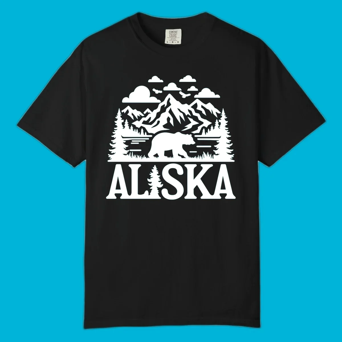 Graphic of an alaska-bear-mountain-view with a bear, mountains, forest, a lake, clouds, and birds, with 'ALASKA' text.