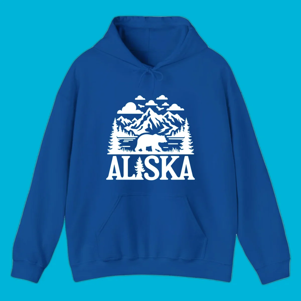 Graphic of an alaska-bear-mountain-view with a bear, mountains, forest, a lake, clouds, and birds, with 'ALASKA' text.