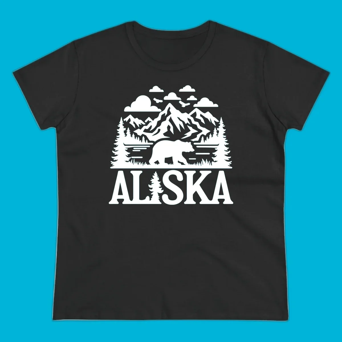 Graphic of an alaska-bear-mountain-view with a bear, mountains, forest, a lake, clouds, and birds, with 'ALASKA' text.
