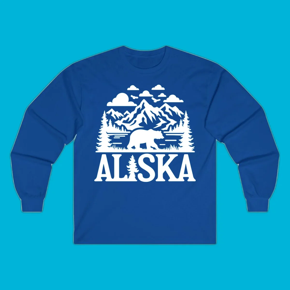 Graphic of an alaska-bear-mountain-view with a bear, mountains, forest, a lake, clouds, and birds, with 'ALASKA' text.
