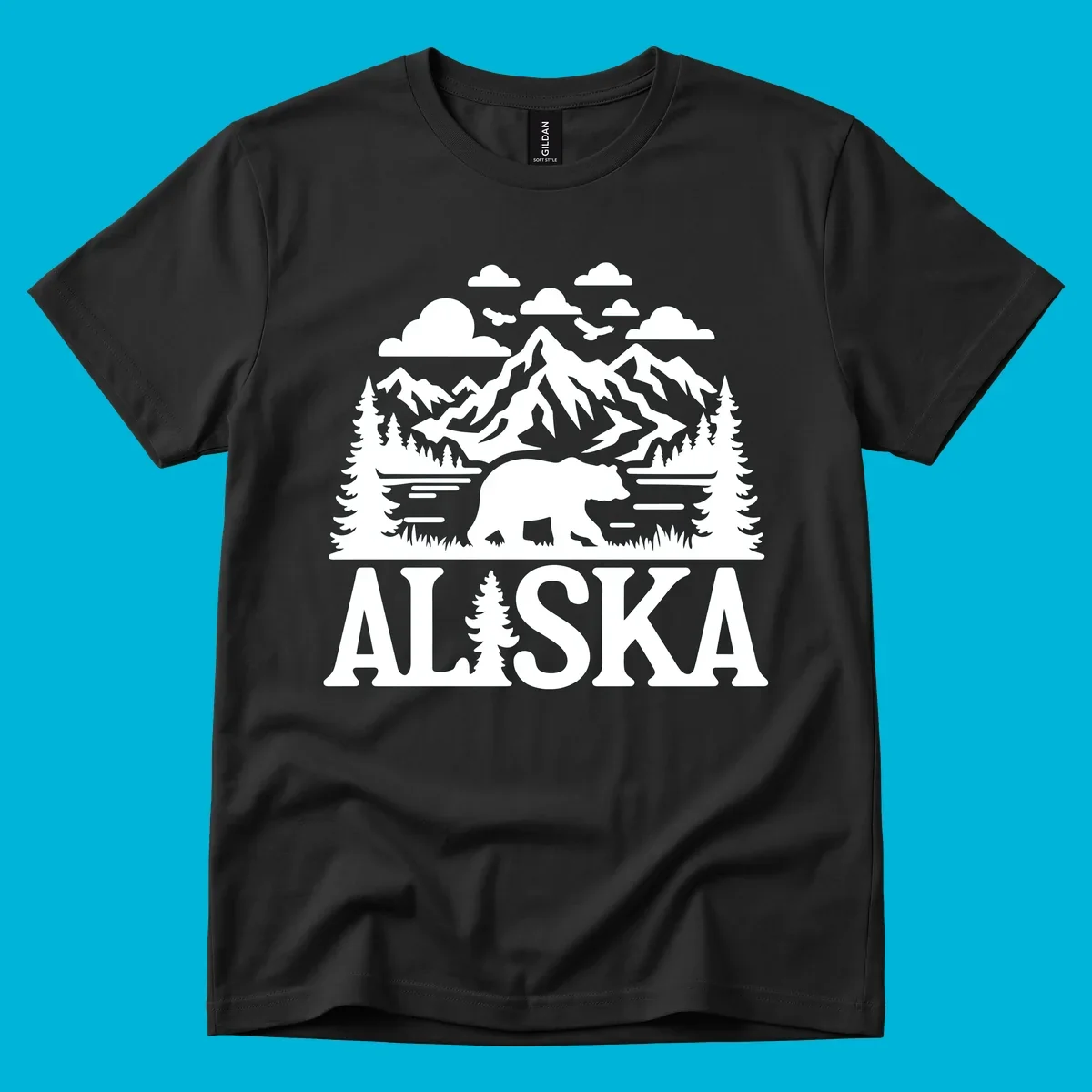 Graphic of an alaska-bear-mountain-view with a bear, mountains, forest, a lake, clouds, and birds, with 'ALASKA' text.