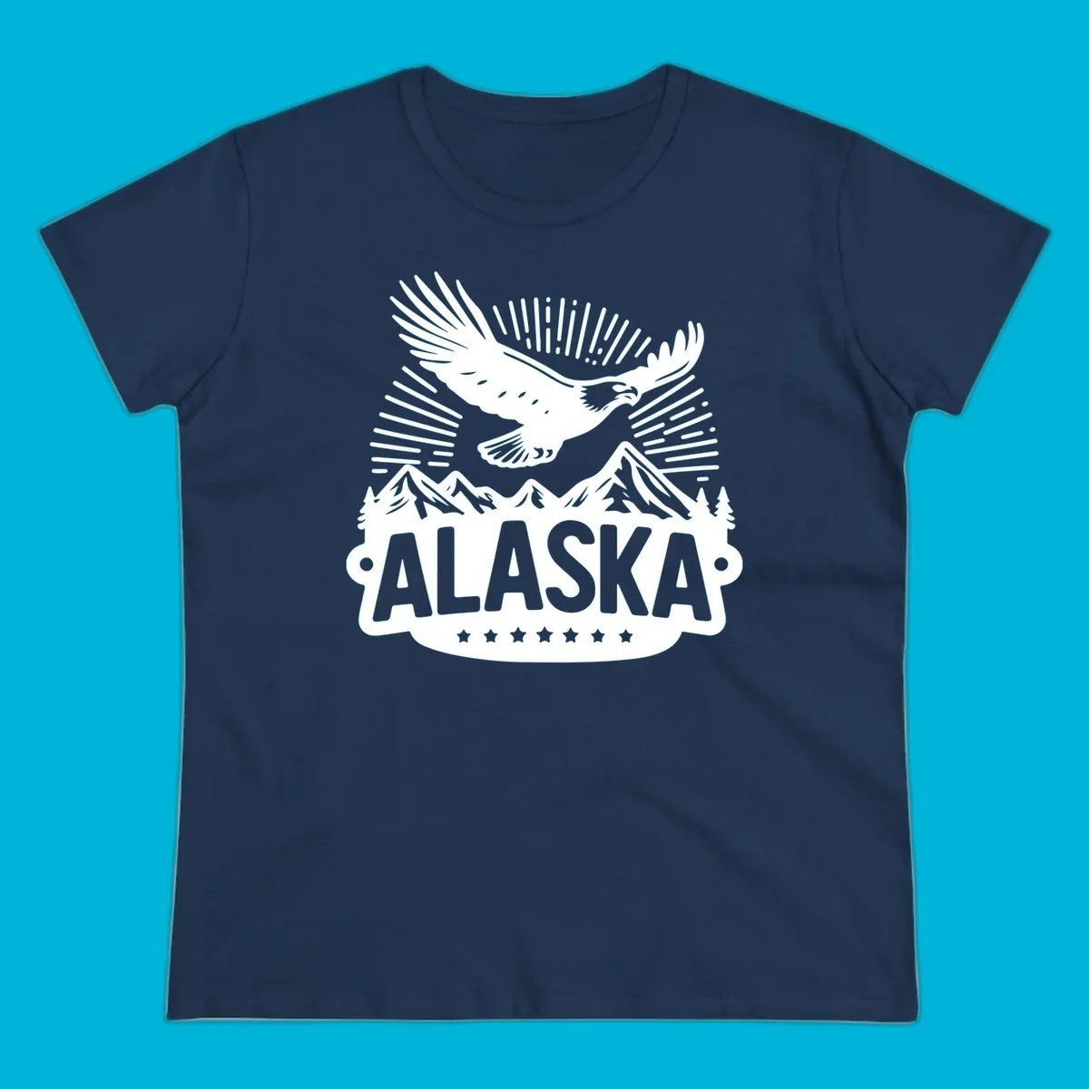 Vintage style Alaska eagle mountain view design with a soaring bald eagle over mountains and pine trees, with ALASKA text.