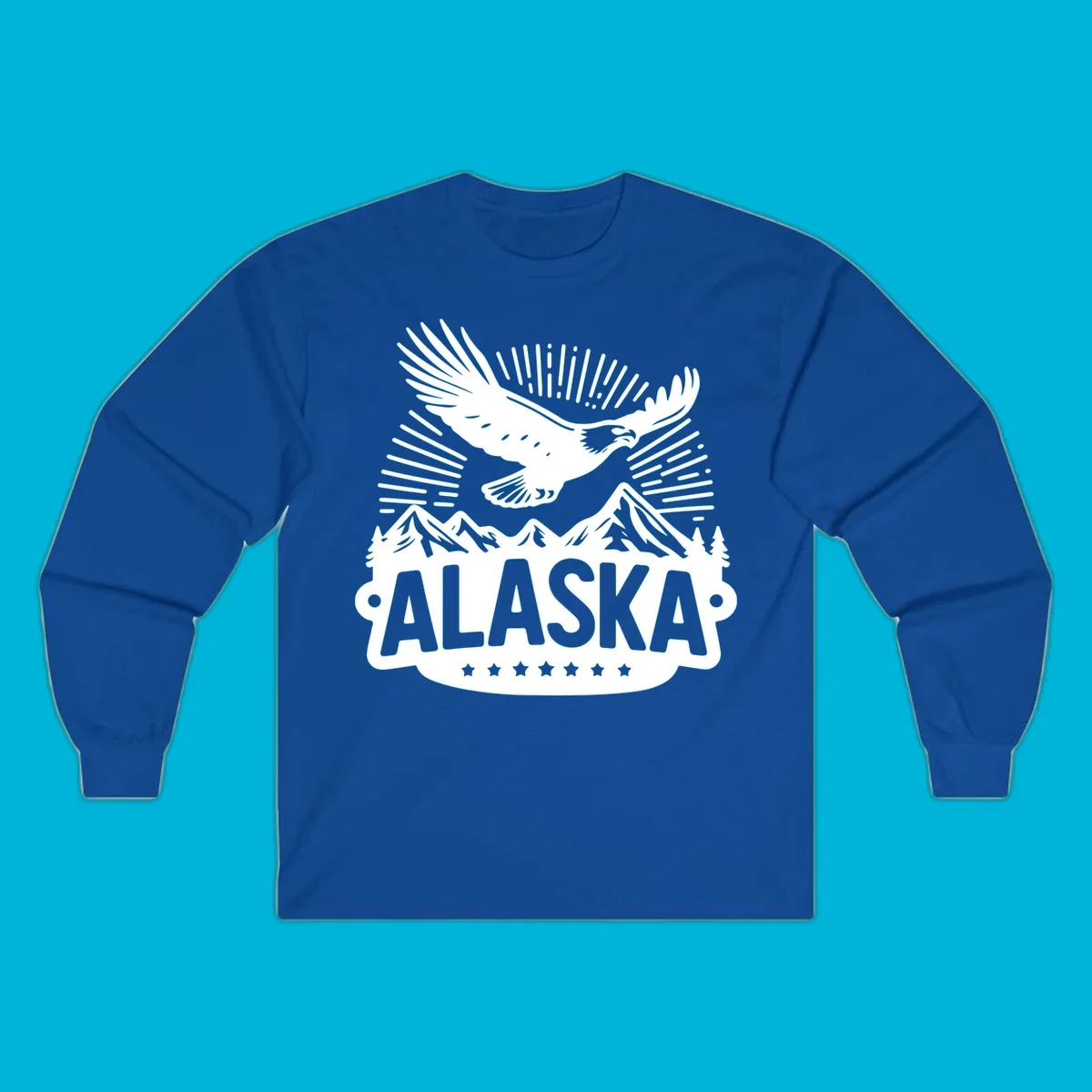 Vintage style Alaska eagle mountain view design with a soaring bald eagle over mountains and pine trees, with ALASKA text.