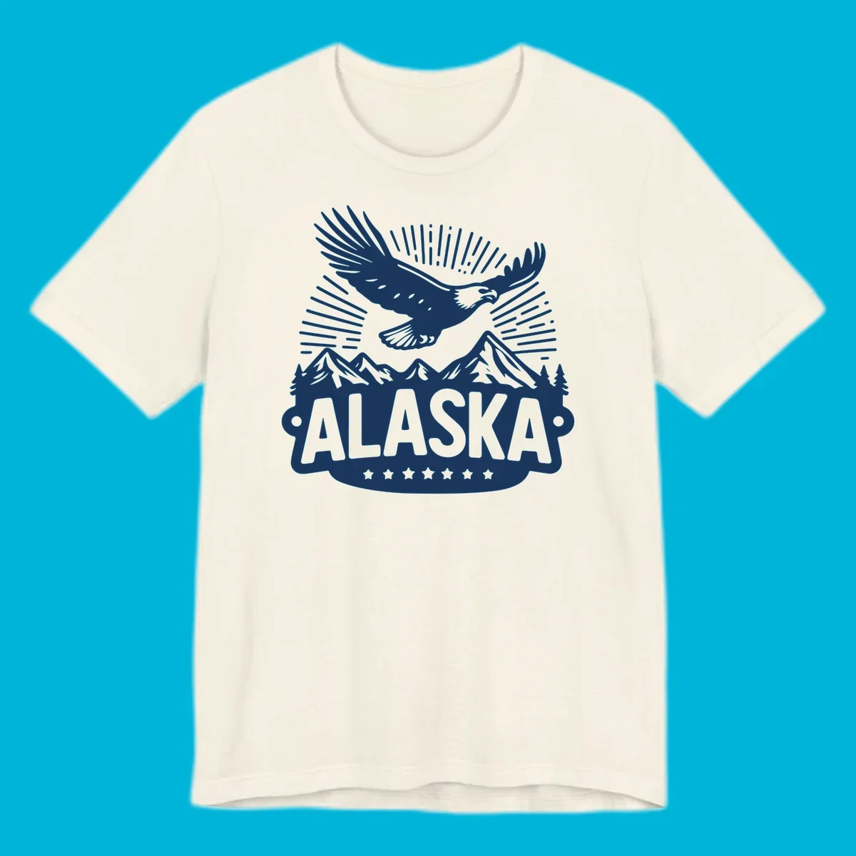 Vintage style Alaska eagle mountain view design with a soaring bald eagle over mountains and pine trees, with ALASKA text.