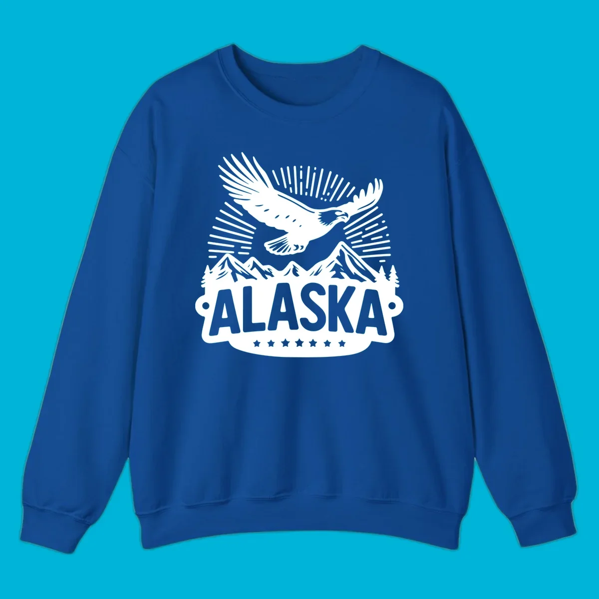 Vintage style Alaska eagle mountain view design with a soaring bald eagle over mountains and pine trees, with ALASKA text.