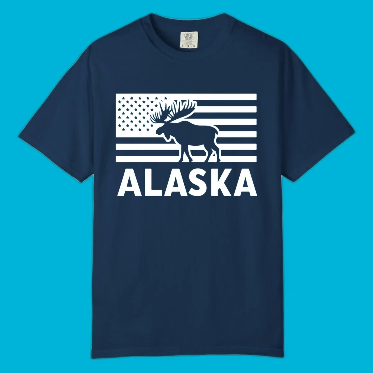 An American flag with a moose silhouette and 'ALASKA' text, featuring the alaska-moose-american-flag design.