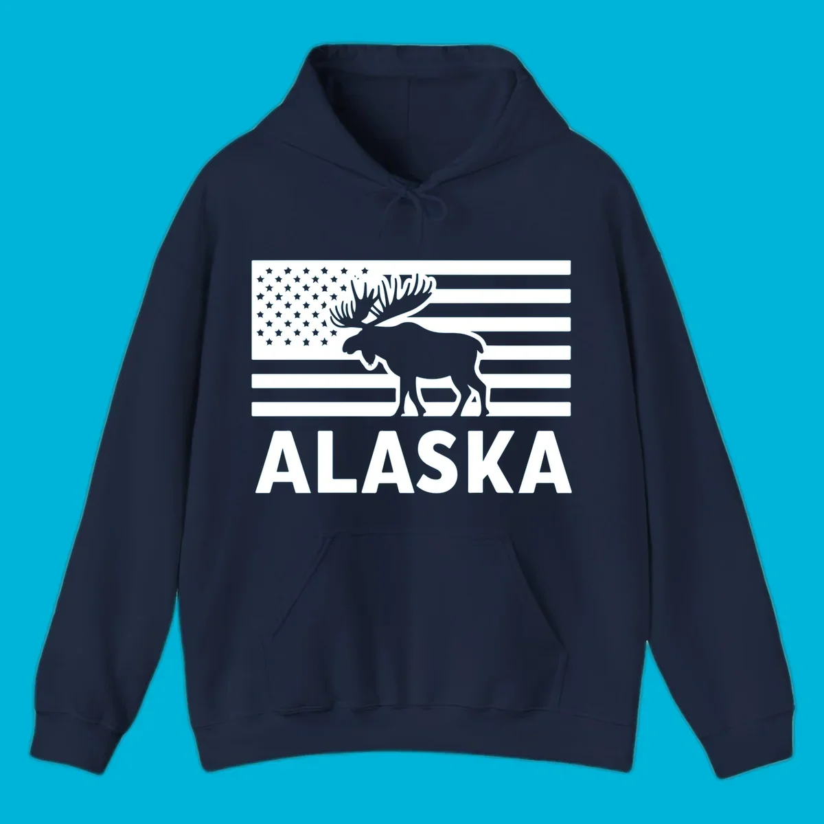 An American flag with a moose silhouette and 'ALASKA' text, featuring the alaska-moose-american-flag design.