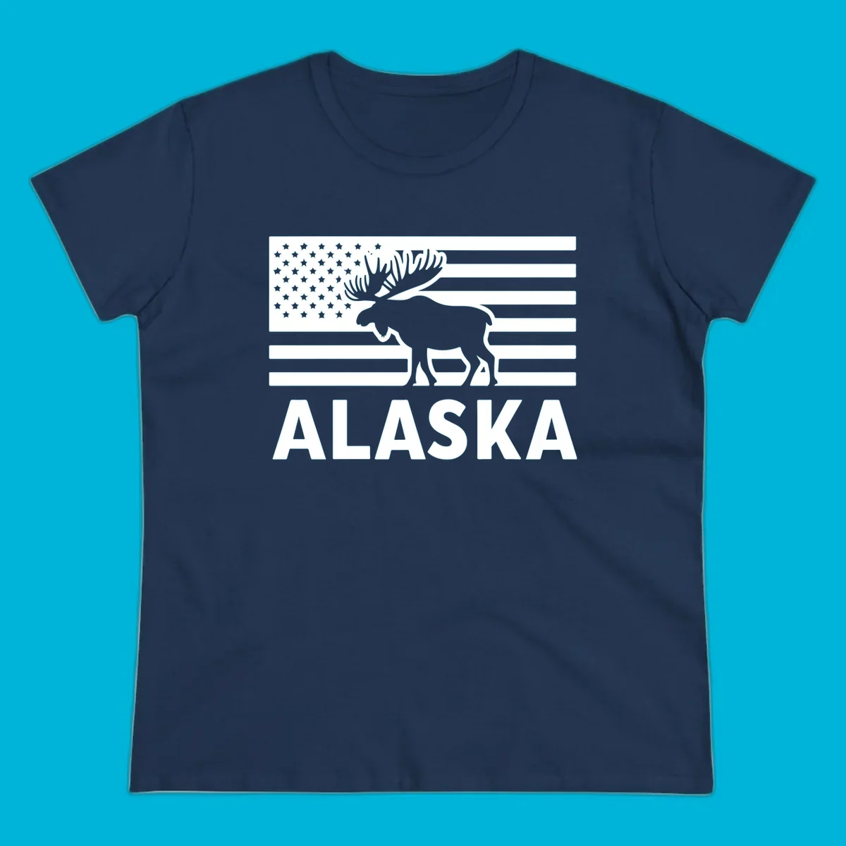An American flag with a moose silhouette and 'ALASKA' text, featuring the alaska-moose-american-flag design.