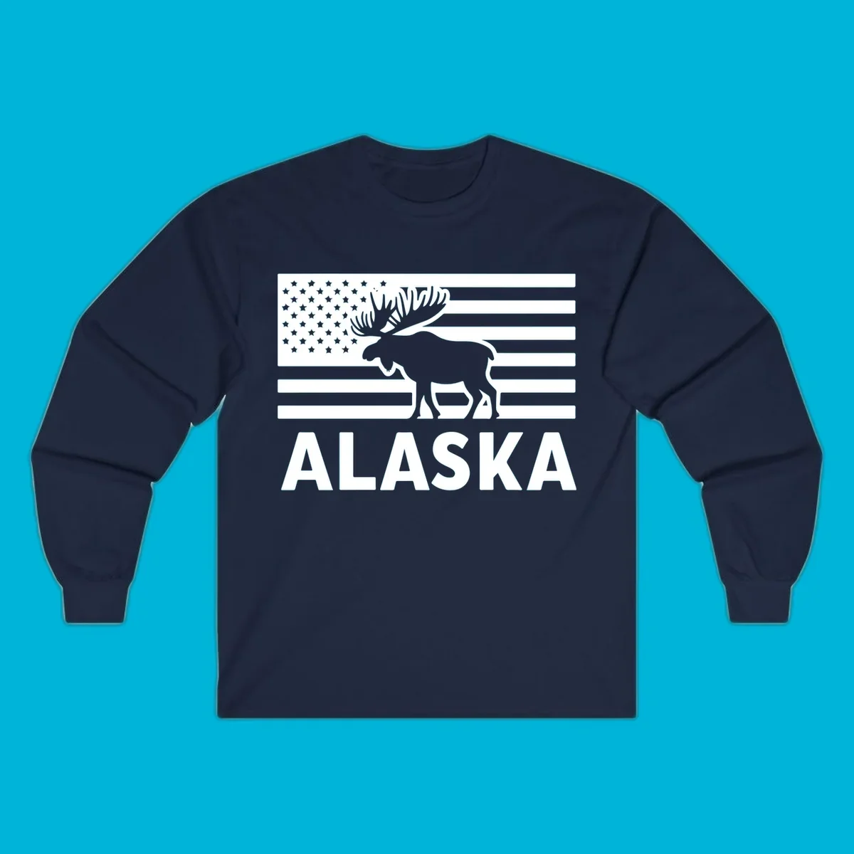 An American flag with a moose silhouette and 'ALASKA' text, featuring the alaska-moose-american-flag design.