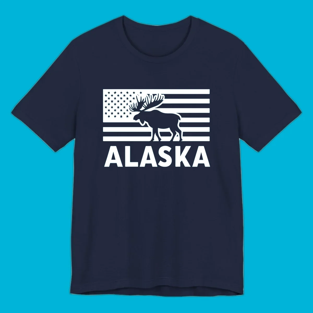 An American flag with a moose silhouette and 'ALASKA' text, featuring the alaska-moose-american-flag design.