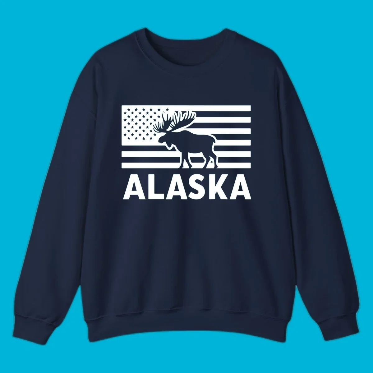 An American flag with a moose silhouette and 'ALASKA' text, featuring the alaska-moose-american-flag design.